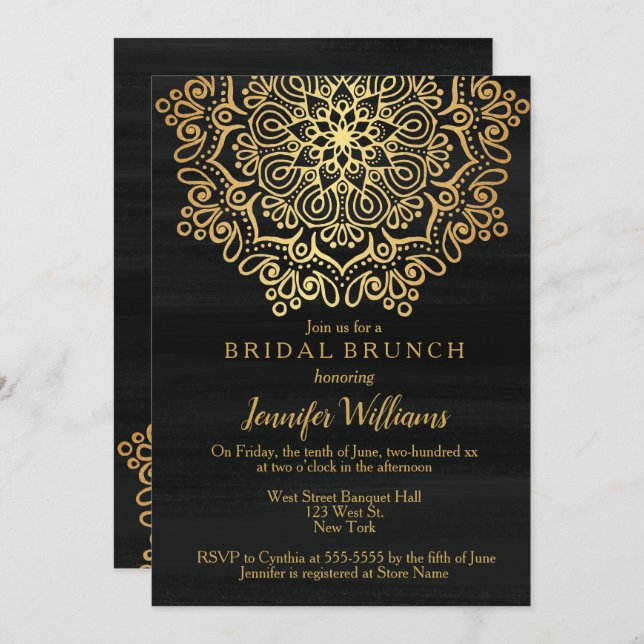 Luxus Imitate Gold Mandala Black Bridal Brunch Einladung (Vorne/Hinten)
