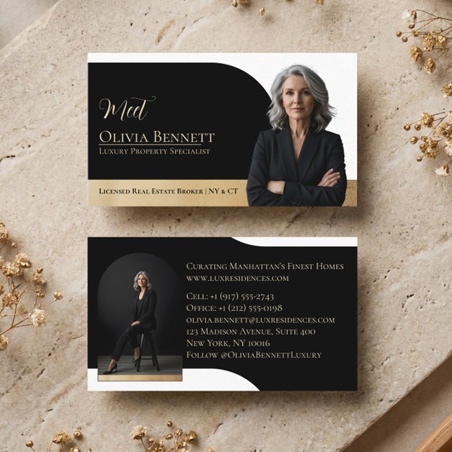 Luxus-Immobilien Architekturrahmen Foto Schwarz Go Visitenkarte (Luxury Real Estate Arch Frame Photo Black Gold Business Card)