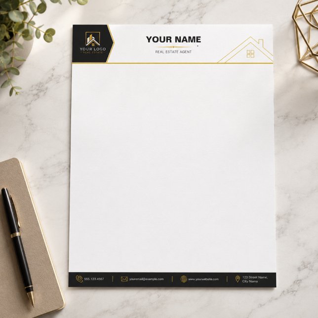 Luxus-Immobilien-Marke Schwarz Gold Briefbogen (Luxury Real Estate Letterhead Design | Black Gold Realtor Stationery Mockup)