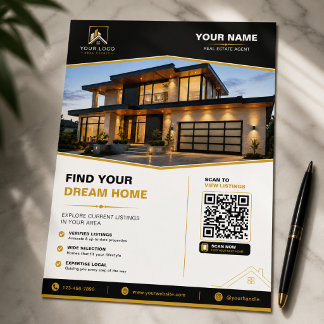 Luxus-Immobilien QR-Design Flyer Schwarz Gold