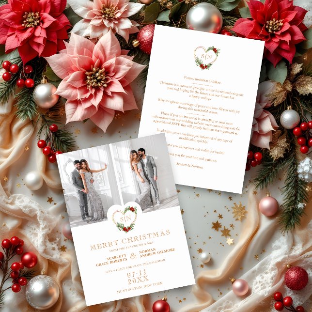 Luxus-Initialen Blumenweihherz 2 Fotos Save The Date (Luxury Initials Elegant Floral Christmas Heart 2 Photos Wedding Save the Date Holidays Cards.)