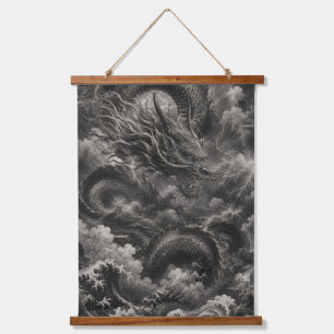 Luxus-Japanischer-Drache-Wandbehang Schwarz und We Wandteppich Mit Holzrahmen