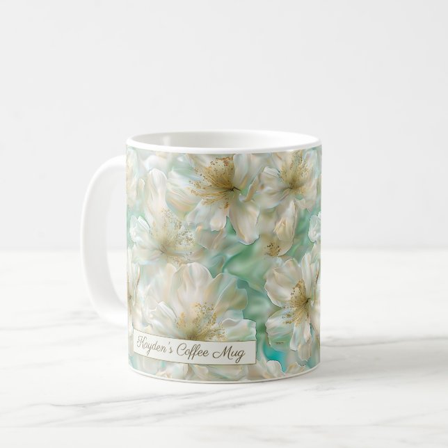 Luxus-Jasmin-Golden-Sage-Grün-Blumen-Script  Kaffeetasse (Vorderseite Links)