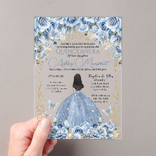 Luxus-Kleid Babyblau Gold Prinzessin Quinceanera Acryleinladungen