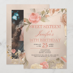 Luxus Korallen-Gold-Pfirsich-Blumen-FOTO Sweet Six Einladung