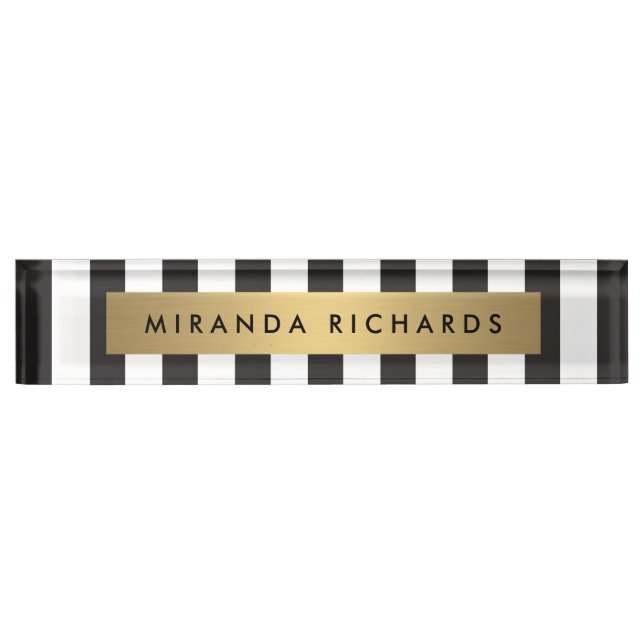 Luxus kühne schwarze und weiße Streifen mit golden Namensplakette (Vorderseite)