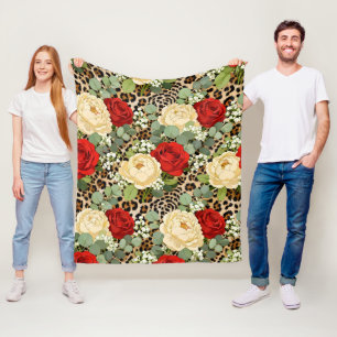 Luxus-Leopard- und rote Rosen-Muster  Fleecedecke