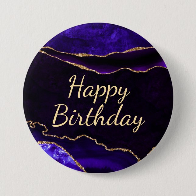Luxus Lila Gold Glitzer Agate Happy Birthday Button (Vorderseite)