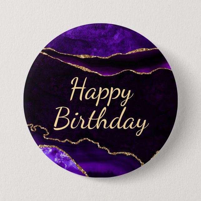 Luxus Lila Gold Glitzer Agate Happy Birthday Button (Vorderseite)