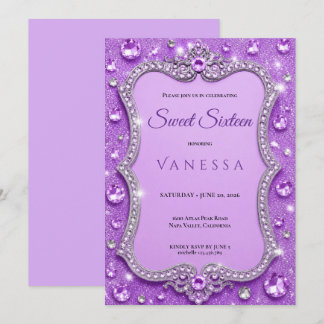 Luxus-Lila-Rheinsteine Glitter Sweet 16 Einladung