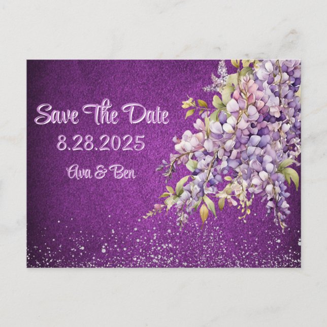 Luxus Lila und Lavender Wisteria Save the Date Ankündigungspostkarte (Vorderseite)