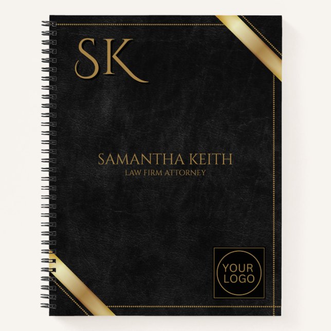Luxus-Logos aus schwarzem Leder Goldener Streifen Notizbuch (Vorderseite)