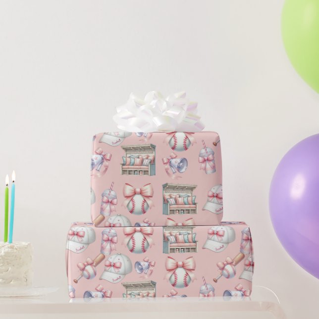 Luxus-Mädchen-Geburtstag Baseball Hellrosa  Geschenkpapier (Partygeschenke)