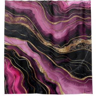 Luxus Magenta Schwarz Achat Gold Glitter Wellen Duschvorhang