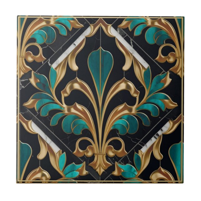 Luxus Malachite Art Deco Floral Marmoriertes Muste Fliese (Vorderseite)