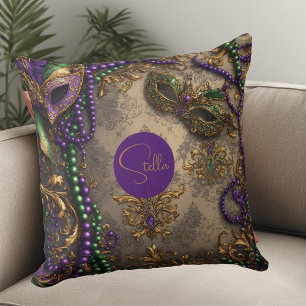 Luxus-Mardi-Gras-Violett-Gold-Masken-Perlen-Blumen Kissen