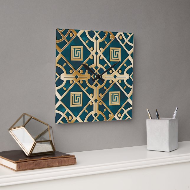 Luxus-Marmor Art Deco Griechisches Highlight Grün  Quadratische Wanduhr (Büro)