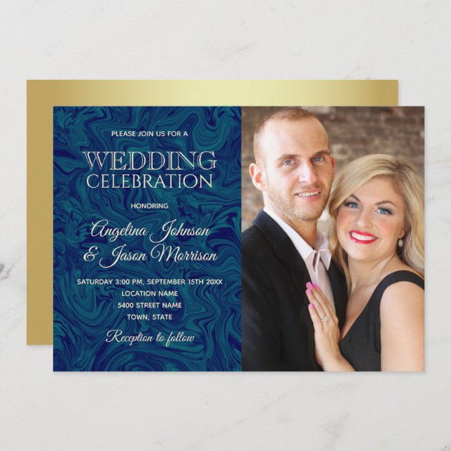 Luxus Marmor Gold Navy Blue Foto Hochzeit Einladun Einladung (Vorne/Hinten)