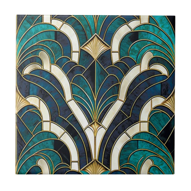 Luxus Marmor Mosaik Art Deco Blaues Gold und Aquam Fliese (Vorderseite)