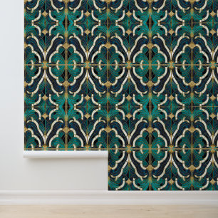 Luxus Marmor Mosaik Art Deco Blaues Gold und Aquam Tapete