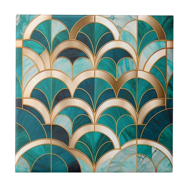 Luxus Marmor Mosaik Art Deco Türkis Blau Gold Fliese (Vorderseite)