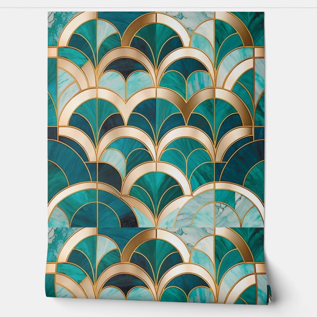 Luxus Marmor Mosaik Art Deco Türkis Blau Gold Tapete (Abrollen)