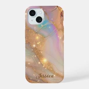 Luxus-Marmor-Perlmutt-Goldadern-Monogramm iPhone 15 Hülle