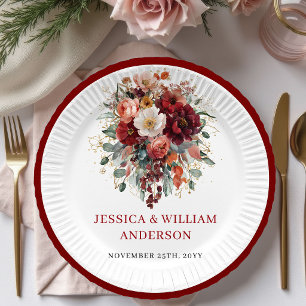 Luxus-Marsala-Herbst-Blumen-Hochzeitspapierteller Pappteller