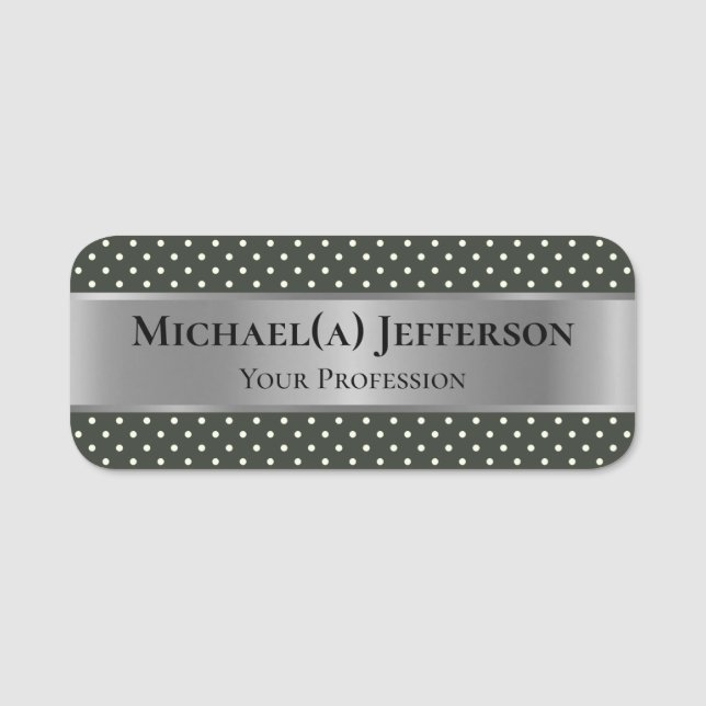 Luxus Metallic Silver & Moss Dark Green Polka Dot Namensschild (Vorderseite)