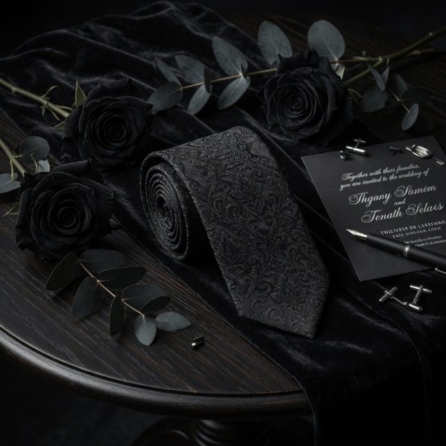 Luxus Midnight Schwarz geprägter Damast Blumenmust Krawatte (Von Creator hochgeladen)