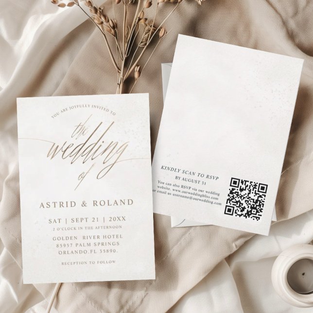 Luxus-Minimal-Gold- und Beige-QR-Code-Hochzeit Einladung (Von Creator hochgeladen)
