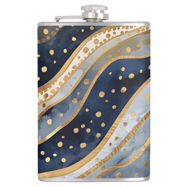 Luxus, Modern, Gold Blau Muster, Flachmann (Vorderseite)