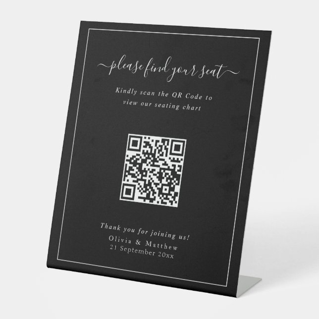 Luxus-Moderne Schwarze Hochzeits-QR-Code-Sitzordnu Sockelschild (Vorderseite)