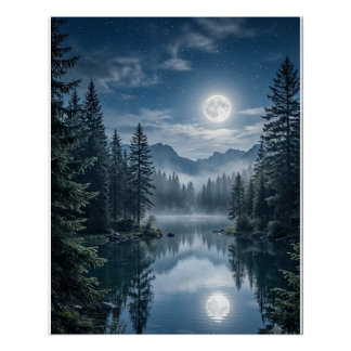 Luxus-Mondlicht-Wald-Wandkunst aus immergrünen Bäu Poster