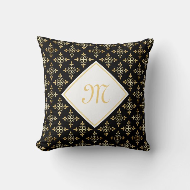 Luxus Monogram Black and Gold Quatre Floral Kissen (Vorderseite)