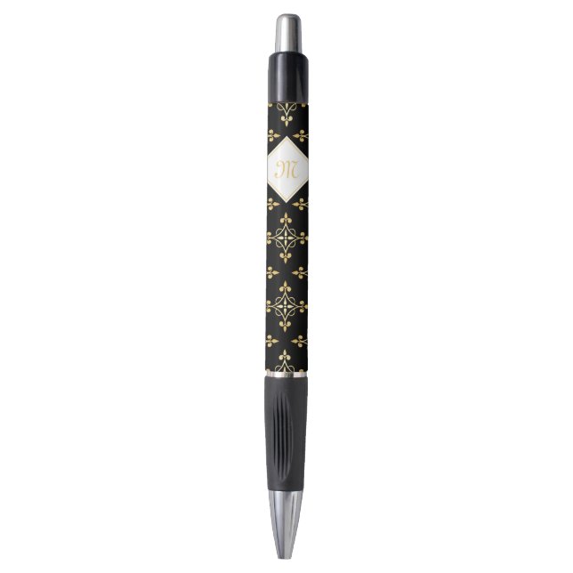 Luxus Monogram Black and Gold Quatre Floral Kugelschreiber (Vorderseite Vertikal)