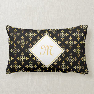 Luxus Monogram Black and Gold Quatre Floral Lendenkissen
