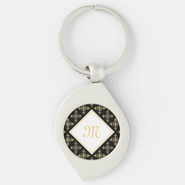 Luxus Monogram Black and Gold Quatre Floral Schlüsselanhänger (Vorderseite)