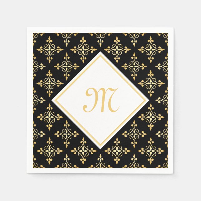 Luxus Monogram Black and Gold Quatre Floral Serviette (Vorderseite)