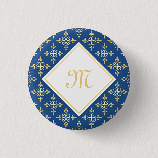 Luxus Monogram Blue and Gold Quatre Floral Button (Vorderseite)