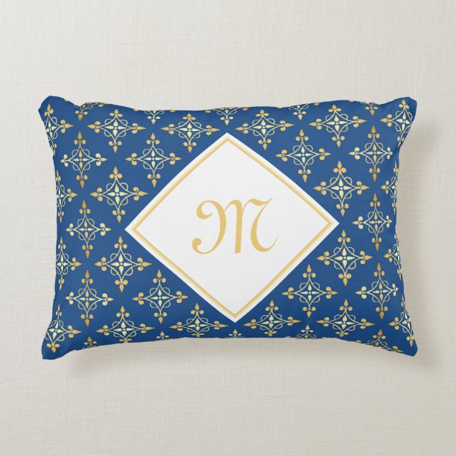 Luxus Monogram Blue and Gold Quatre Floral Dekokissen (Vorderseite)