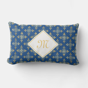 Luxus Monogram Blue and Gold Quatre Floral Lendenkissen