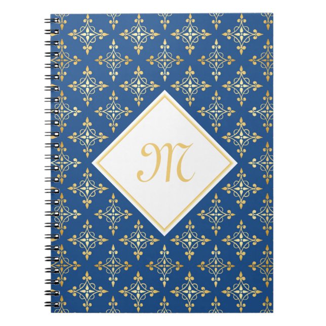 Luxus Monogram Blue and Gold Quatre Floral Notizblock (Vorderseite)