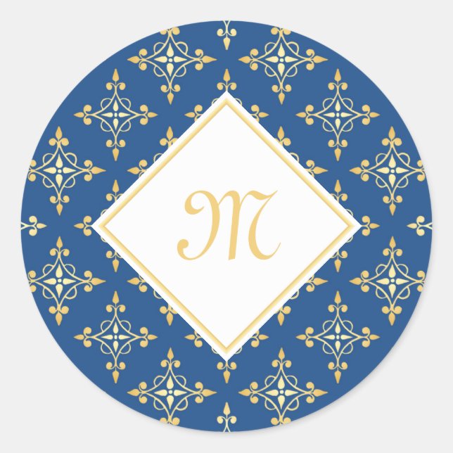 Luxus Monogram Blue and Gold Quatre Floral Runder Aufkleber (Vorderseite)