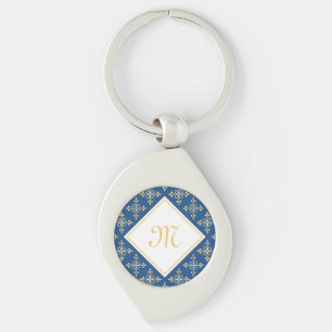 Luxus Monogram Blue and Gold Quatre Floral Schlüsselanhänger