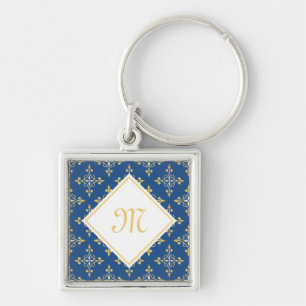 Luxus Monogram Blue and Gold Quatre Floral Schlüsselanhänger