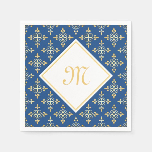 Luxus Monogram Blue and Gold Quatre Floral Serviette (Vorderseite)
