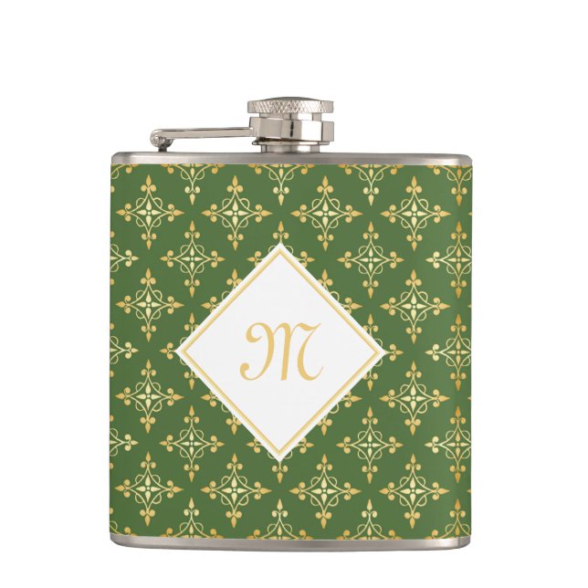 Luxus Monogram Green und Gold Quatre Floral Flachmann (Vorderseite)