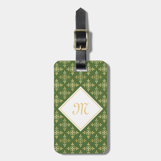 Luxus Monogram Green und Gold Quatre Floral Gepäckanhänger (Vorderseite vertikal)
