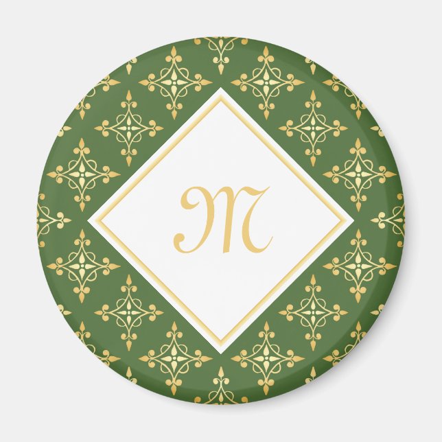 Luxus Monogram Green und Gold Quatre Floral Magnet (Vorne)